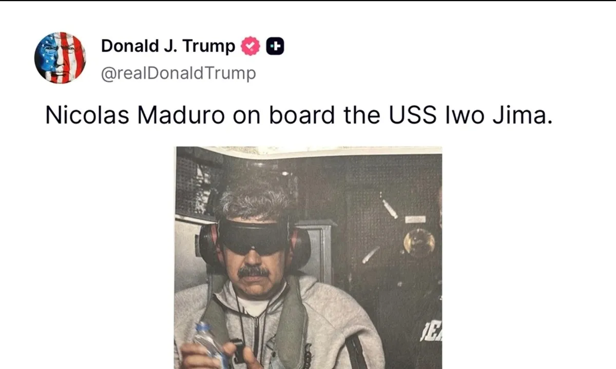 Trump divulga foto de Nicolás Maduro vendado e supostamente algemado após captura pelos EUA